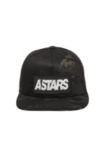 Black Astars cap with camouflage pattern and bold white logo, ideal for motorsport enthusiasts and racewear fans.