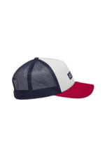 Grand Prix Racewear trucker cap with white front, navy mesh back, and red brim, featuring the GPR logo for motorsport enthusiasts.