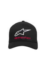 Black Alpinestars cap with white logo and red text, ideal for motorsport enthusiasts and racewear fans.