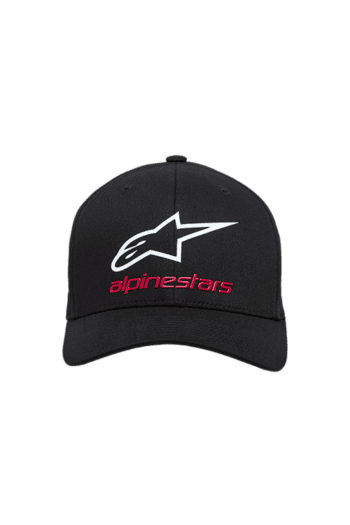 Black Alpinestars cap with white logo and red text, ideal for motorsport enthusiasts and racewear fans.