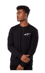 Young man wearing black Grand Prix Racewear sweatshirt with Alpinestars logo, looking to the side.