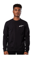 Young man wearing a black Grand Prix Racewear sweatshirt with Alpinestars logo, suitable for motorsport enthusiasts and racers.