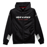 Black Alpine Stars racing hoodie with white and red branding, designed for motorsport enthusiasts and racewear fans.