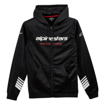 Black Alpine Stars racing hoodie with white and red branding, designed for motorsport enthusiasts and racewear fans.