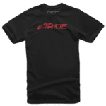 Black racing T-shirt with red 'RIDE' logo and star graphic, ideal for motorsport enthusiasts and racewear fans.