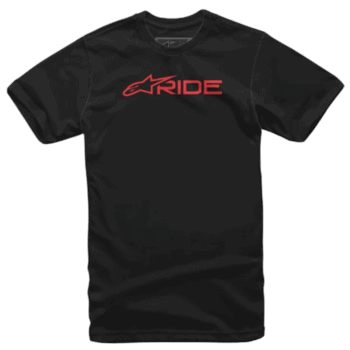 Black racing T-shirt with red 'RIDE' logo and star graphic, ideal for motorsport enthusiasts and racewear fans.