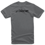 Grey racing T-shirt with Alpinestars Ride logo in black, designed for motorsport enthusiasts and racewear fans.