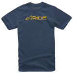 Blue Grand Prix Racewear T-shirt with yellow 'RIDE' logo, designed for motorsport enthusiasts and racers.