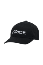Black Grand Prix Racewear cap with white 'RIDE' logo, designed for motorsport enthusiasts and racers.