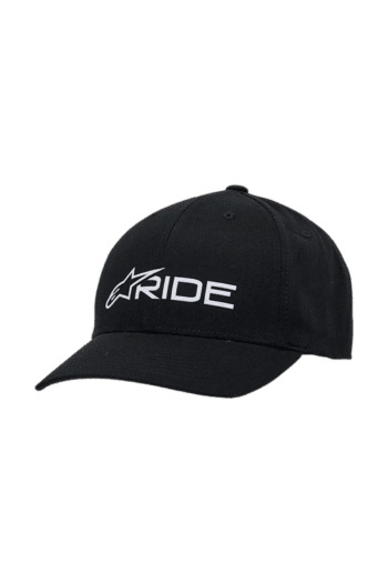 Black Grand Prix Racewear cap with white 'RIDE' logo, designed for motorsport enthusiasts and racers.