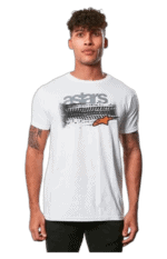 Young man wearing a white Grand Prix Racewear T-shirt with 'stars' logo and racing graphic, standing against a plain background.