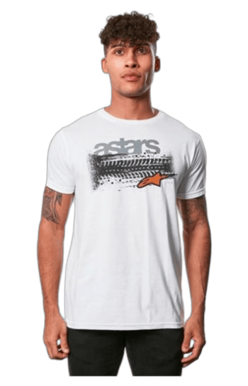Young man wearing a white Grand Prix Racewear T-shirt with 'stars' logo and racing graphic, standing against a plain background.