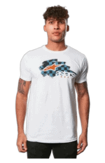 Young man wearing a white Grand Prix Racewear T-shirt with racing logo, standing against a plain background.