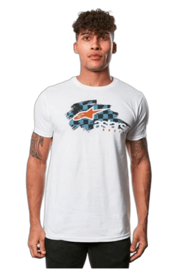 Young man wearing a white Grand Prix Racewear T-shirt with racing logo, standing against a plain background.