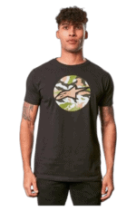 Young man wearing a black Grand Prix Racewear t-shirt with camouflage logo, standing confidently against a plain background.