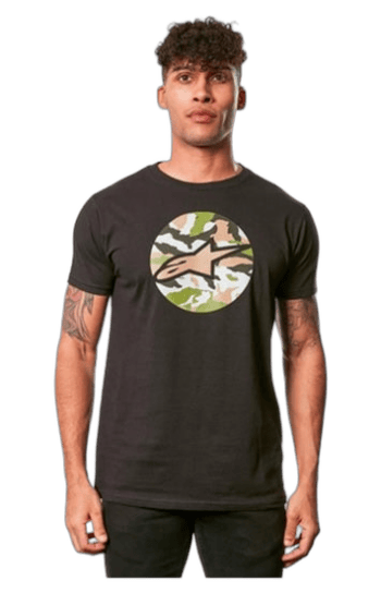 Young man wearing a black Grand Prix Racewear t-shirt with camouflage logo, standing confidently against a plain background.