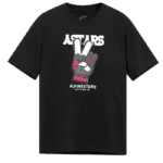 Black racewear T-shirt featuring the Alpinestars logo and a peace sign graphic, ideal for motorsport enthusiasts and racewear fans.