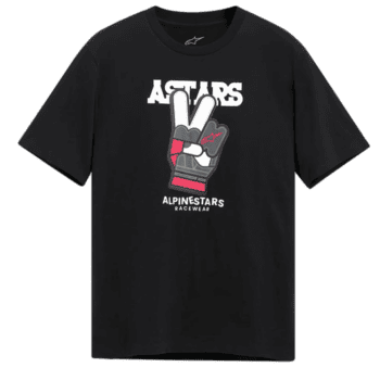 Black racewear T-shirt featuring the Alpinestars logo and a peace sign graphic, ideal for motorsport enthusiasts and racewear fans.