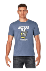 Young man wearing a blue Grand Prix Racewear t-shirt with a peace sign graphic, standing against a plain white background.