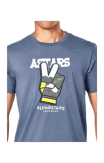 Blue T-shirt featuring Alpinestars Racewear logo with a peace sign hand gesture, ideal for motorsport enthusiasts and racewear fans.