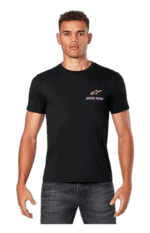 Young man wearing black Grand Prix Racewear T-shirt with Astara Racing logo, standing against a plain background.