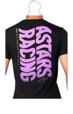 Black T-shirt with 'Stars Racing' logo in purple and yellow text, featuring Alpine Stars and Ricciardo branding, designed for motorsport enthusiasts.