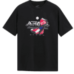 Black T-shirt featuring Grand Prix Racewear graphic with racing boots and helmet design, perfect for motorsport enthusiasts.