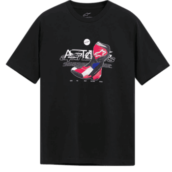 Black T-shirt featuring Grand Prix Racewear graphic with racing boots and helmet design, perfect for motorsport enthusiasts.