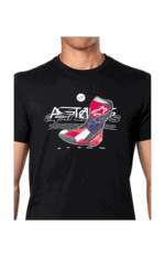 Black T-shirt featuring Grand Prix Racewear design with racing helmet and shoe graphics, perfect for motorsport enthusiasts.