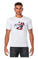 Young man wearing a white Grand Prix Racewear T-shirt with racing graphics, standing against a plain background.