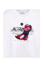 White T-shirt featuring a graphic of a racing glove and helmet with the Grand Prix Racewear logo, ideal for motorsport enthusiasts.