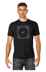 Young man wearing a black Grand Prix Racewear T-shirt with logo, standing against a plain background.