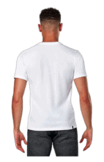 Back view of a man wearing a plain white T-shirt, showcasing casual racewear style for motorsport enthusiasts.