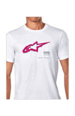 Close-up of a white T-shirt featuring the Grand Prix Racewear logo with a pink and black design.