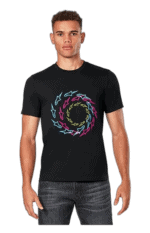 Young male model wearing a black Grand Prix Racewear T-shirt with colourful spiral logo, promoting motorsport apparel and racing merchandise.
