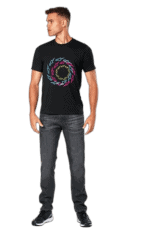 Men's black T-shirt with colourful spiral graphic design, casual style, suitable for racing events or everyday wear.