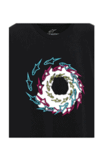Grand Prix Racewear T-shirt featuring colourful racing helmet graphics in blue, pink, yellow, and cyan on a black background.