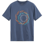 Blue Grand Prix Racewear T-shirt with a circular pattern of stylised sharks in orange, teal, and white, designed for motorsport enthusiasts.