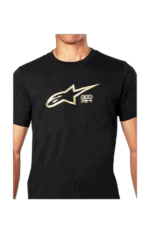 Black Alpinestars racing T-shirt with white logo, ideal for motorsport enthusiasts and racewear fans.