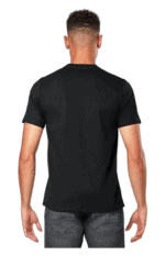 Back view of a man wearing a black Grand Prix Racewear T-shirt, showcasing racing apparel for motorsport enthusiasts.