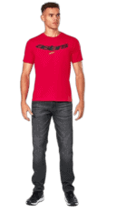 Man wearing a red Grand Prix Racewear T-shirt with black logo, standing in casual pose.