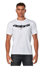 Young man wearing a white ASICS T-shirt with black logo, standing against a plain background.