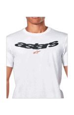 Close-up of a white Grand Prix Racewear T-shirt with black 'astars' logo and red Alpinestars emblem, designed for motorsport enthusiasts.