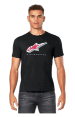 Young man wearing a black Grand Prix Racewear T-shirt with Alpinestars logo, suitable for motorsport enthusiasts and racers.