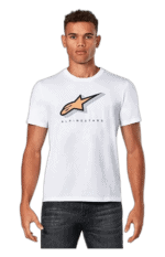 Young man wearing a white Grand Prix Racewear T-shirt with Alpinestars logo, standing against a plain background.