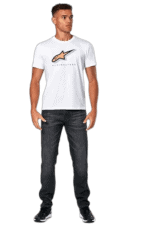 Young man wearing a white Grand Prix Racewear T-shirt with logo, standing confidently against a plain background.