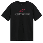 Black Alpinestars T-shirt with pink and white logo, casual racing apparel for motorsport enthusiasts.