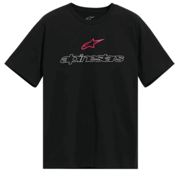 Black Alpinestars T-shirt with pink and white logo, casual racing apparel for motorsport enthusiasts.