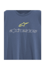 Blue Alpinestars racing T-shirt with yellow logo and white text, designed for motorsport enthusiasts.