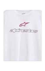 White Alpinestars racing T-shirt with logo, ideal for motorsport enthusiasts and racewear fans.
